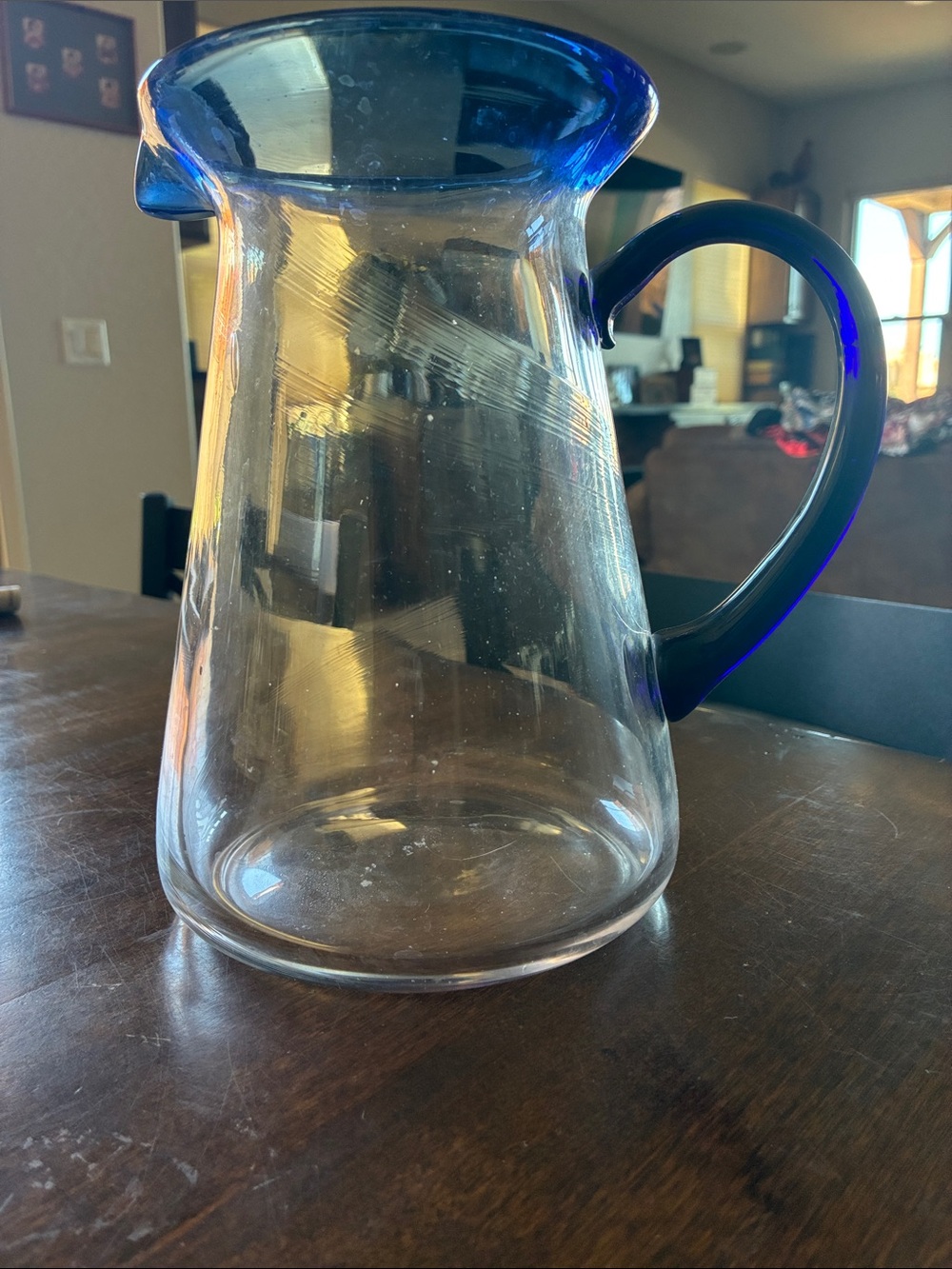 Blue-Trim Glass Pitcher with Handle - Clear Glass Beverage Server